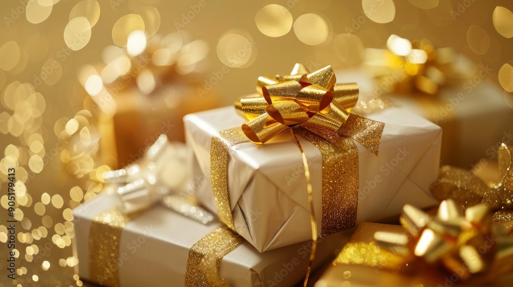 Luxurious Gold Wrapped Gifts with Bokeh Lights Luxurious Gold Wrapped Gifts with Bokeh Lights