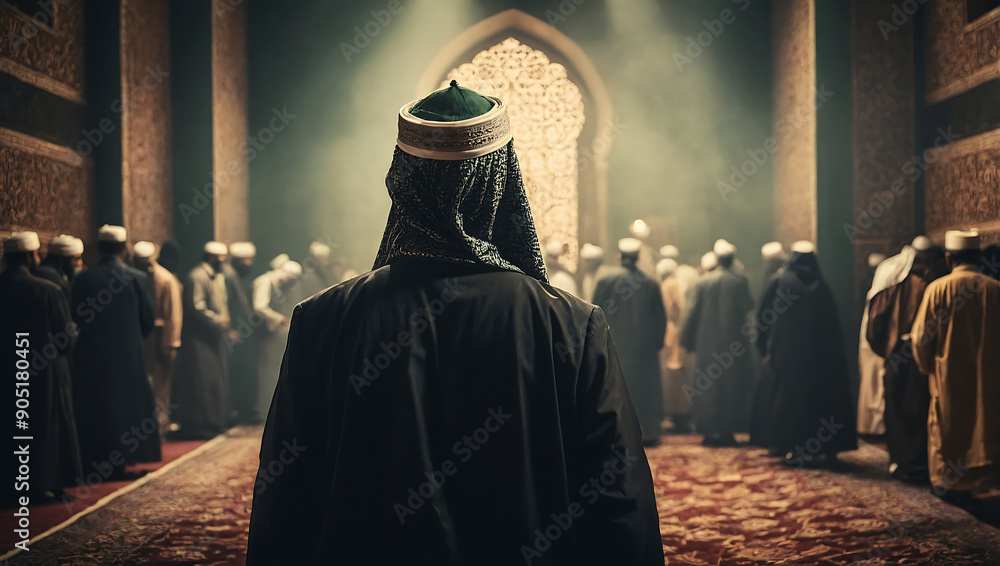 A Moment of Reflection: An Arab man in traditional attire, his back to the camera, stands in quiet contemplation inside the grand mosque, sunlight streaming through the ornate windows. A Moment of Reflection: An Arab man in traditional attire, his back to the camera, stands in quiet contemplation inside the grand mosque, sunlight streaming through the ornate windows.