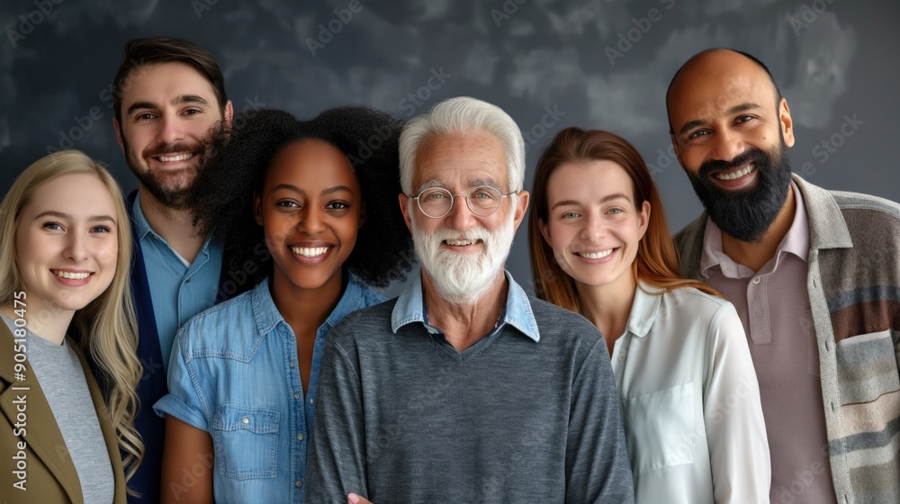 © angel_nt - Six people of different ages and ethnicities stand close together in front of a gray backdrop, all smiling and looking directly at the camera © angel_nt - Six people of different ages and ethnicities stand close together in front of a gray backdrop, all smiling and looking directly at the camera