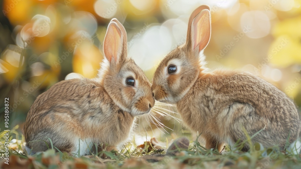 Two Adorable Baby Rabbits Nuzzling Each Other in a Sunny Meadow Two Adorable Baby Rabbits Nuzzling Each Other in a Sunny Meadow