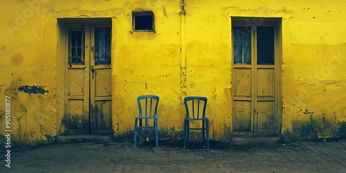 Two Blue Chairs Against a Yellow Wall in India