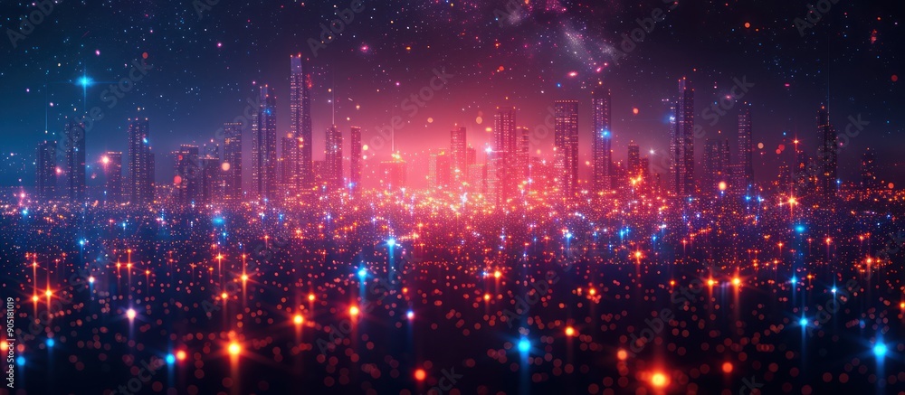 Fototapeta premium Cityscape with Glowing Lights and Stars