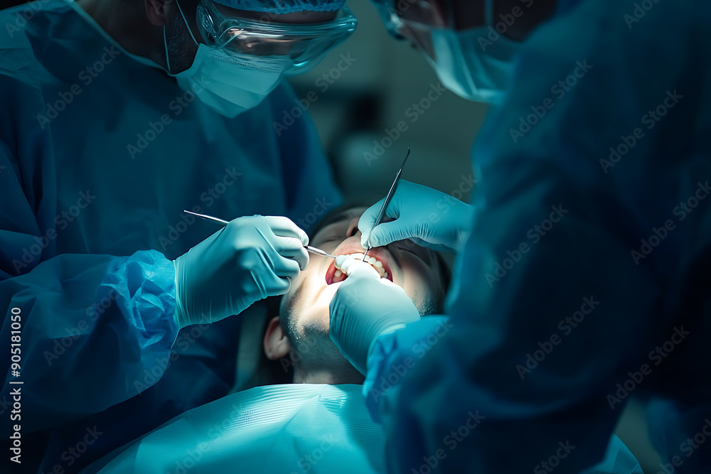 A dental scene featuring a dental implant procedure, where a doctor treats a patient's teeth. This illustration highlights the dental field, showcasing the precision and care involved in modern dentis A dental scene featuring a dental implant procedure, where a doctor treats a patient's teeth. This illustration highlights the dental field, showcasing the precision and care involved in modern dentis