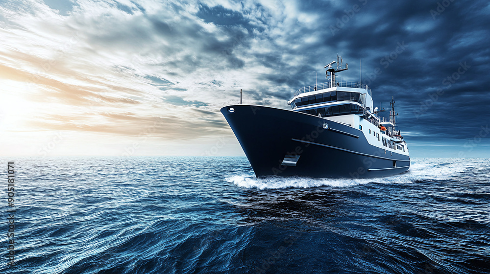 Naklejka premium A modern research vessel sails across the ocean, with the horizon visible