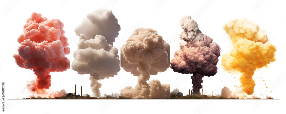 Set of nuclear explosions and mushroom cloud on transparent background Set of nuclear explosions and mushroom cloud on transparent background