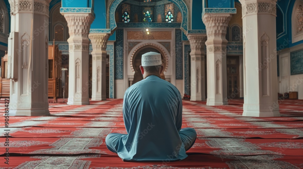 A man sits in quiet contemplation while praying in a spacious mosque adorned with intricate architecture and vibrant colors A man sits in quiet contemplation while praying in a spacious mosque adorned with intricate architecture and vibrant colors