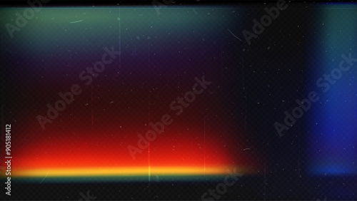 Old film light leaks texture with scratches, noise, iridescent stripes. Rainbow lens flare effect, camera film filter with bokeh, dust, grain. Distressed retro movie, photo burn effect. 3D vector bg