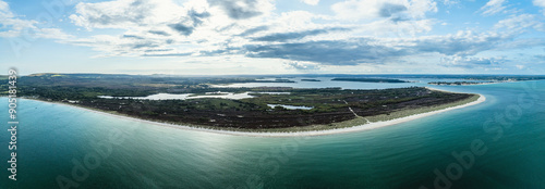 Panorama of Studland Naturist Beach and Knoll Beach Studland over Studland and Godlingston Heath National Nature Reserve from a drone, Studland, Poole, Dorset, England photo