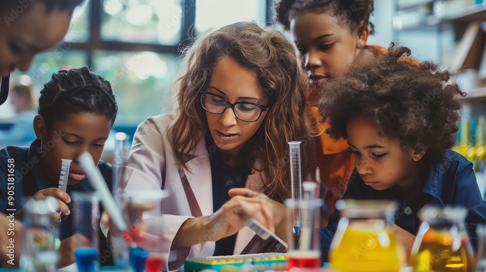 A teacher helps her students during a science experiment in the classroom. A teacher helps her students during a science experiment in the classroom.