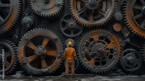 A person in work attire stands in front of massive, rusted gears in an industrial setting, examining the intricate machinery at work © angel_nt
