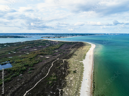 Studland Naturist Beach and Knoll Beach Studland over Studland and Godlingston Heath National Nature Reserve from a drone, Studland, Poole, Dorset, England photo