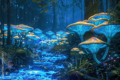 Bioluminescent Mushrooms and Stream in a Dark Forest