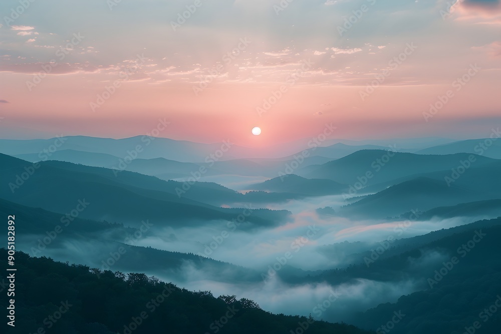 Fototapeta premium the serene beauty of sunrise over mist-covered mountains with soft pastel colors. sunrise over misty mountains, beautiful nature and wild landscape