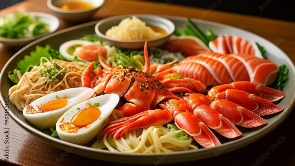 Delicious Asian seafood platter ready to be savored Delicious Asian seafood platter ready to be savored