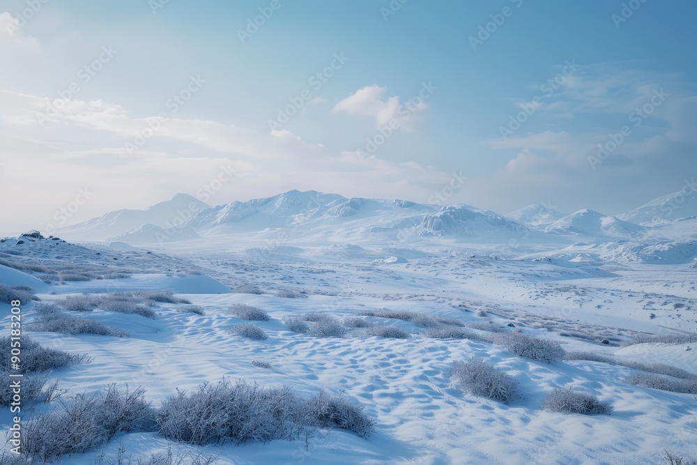 Snow-covered mountain range with a foreground of frosted brush