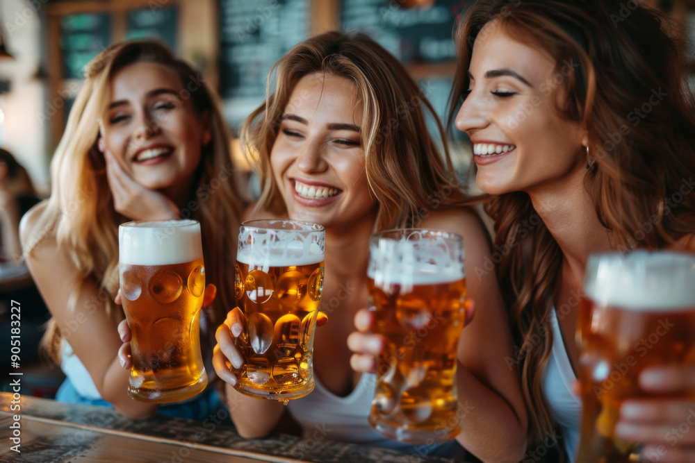 Young women laughing together while drinking beer in a modern pub Young women laughing together while drinking beer in a modern pub
