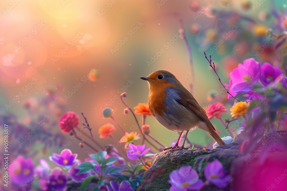 In a lush, enchanted forest, a graceful robin perches on a stone amidst vibrant, fantastical rainbow-hued flowers, merging reality and fantasy in a dreamy haze of pastel hues.
In a lush, enchanted forest, a graceful robin perches on a stone amidst vibrant, fantastical rainbow-hued flowers, merging reality and fantasy in a dreamy haze of pastel hues.