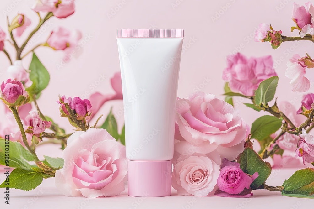 Cosmetic Tube with Customizable Label, Surrounded by Delicate Flowers, Luxury Skincare Mockup, Elegant Packaging Design, Beauty Product Display, Floral Theme, High-End Cosmetic Illustration. Cosmetic Tube with Customizable Label, Surrounded by Delicate Flowers, Luxury Skincare Mockup, Elegant Packaging Design, Beauty Product Display, Floral Theme, High-End Cosmetic Illustration.