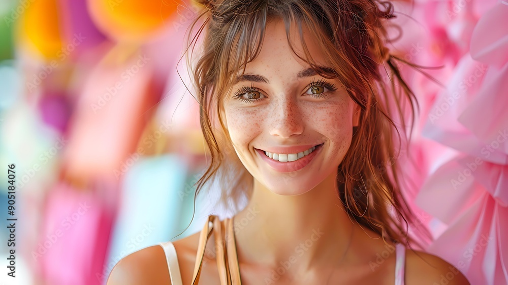 A cheerful young woman with freckles is smiling in front of a colorful background, ideal for marketing, lifestyle blogs, or social media content promoting positivity and festivals, A cheerful young woman with freckles is smiling in front of a colorful background, ideal for marketing, lifestyle blogs, or social media content promoting positivity and festivals,