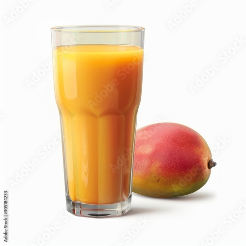 Medium shot of Glass of mango juice near the mango, isolated on a white background 