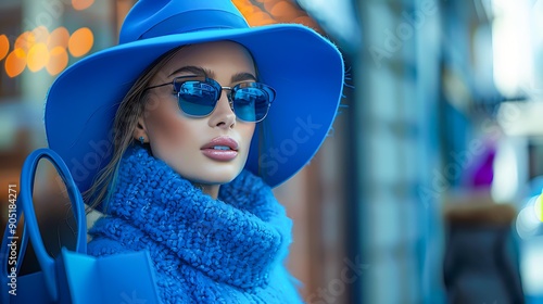 Woman in stylish blue outfit with matching hat and sunglasses, holding a shopping bag, ideal for fashion, chic lifestyle, and luxury shopping concepts, photo