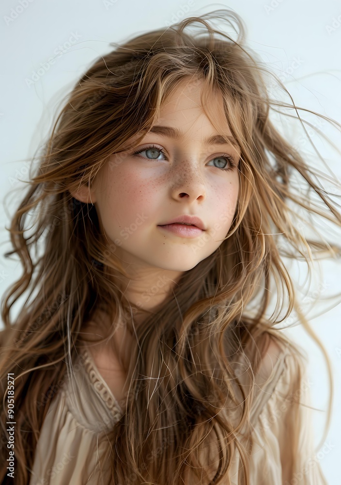 Portrait of a Young Girl with Long Blonde Hair and Freckles