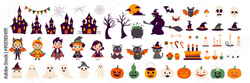 Halloween themed characters and objects. The image is a collection of Halloween characters and objects, including witches, ghosts, pumpkins, and other spooky items. Scene is festive and playful