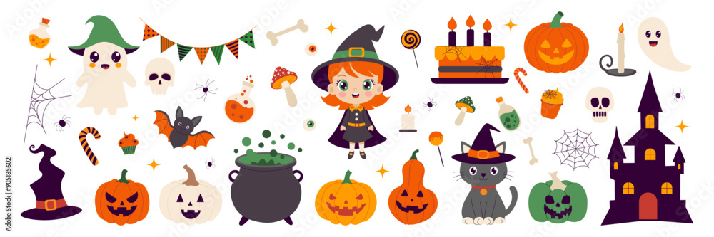 Halloween themed cartoon characters and objects. A girl in a witch costume is surrounded by pumpkins, skulls, and other Halloween decorations Halloween themed cartoon characters and objects. A girl in a witch costume is surrounded by pumpkins, skulls, and other Halloween decorations