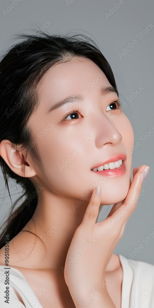 Portrait of a Beautiful Young Asian Woman with Long Black Hair Smiling at the Camera