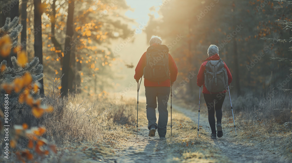 Adult man and woman 60 years old in jacket in group autumn hike. Nordic walking in autumn in warm clothes, group of elderly people take walks in forest Adult man and woman 60 years old in jacket in group autumn hike. Nordic walking in autumn in warm clothes, group of elderly people take walks in forest