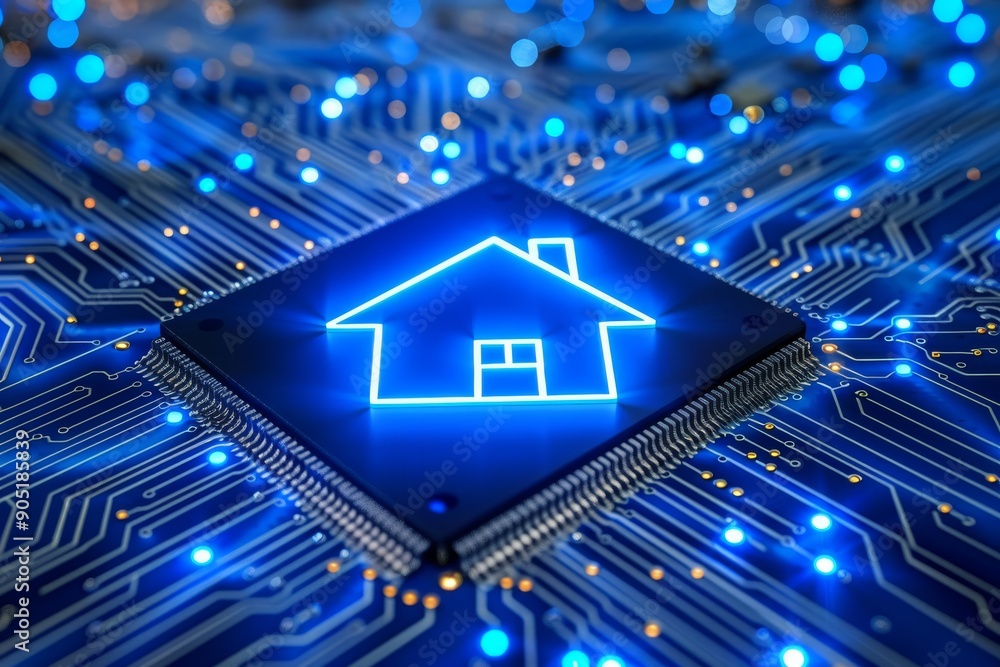 Iconic blue house model on a circuit board, representing smart housing and technological advancements. Iconic blue house model on a circuit board, representing smart housing and technological advancements.