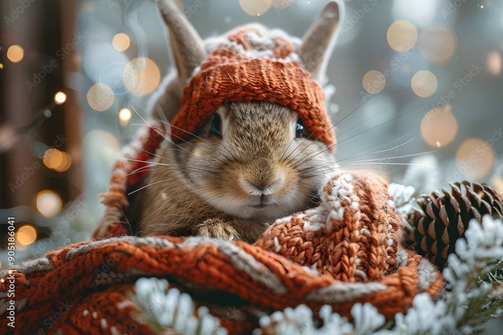 Rabbit in a Snowy Winter Christmas Scene. Festive and Serene Setting with a Cute Bunny Enjoying the Snow. Capturing the Magic of Christmas in a Tranquil Winter Wonderland.