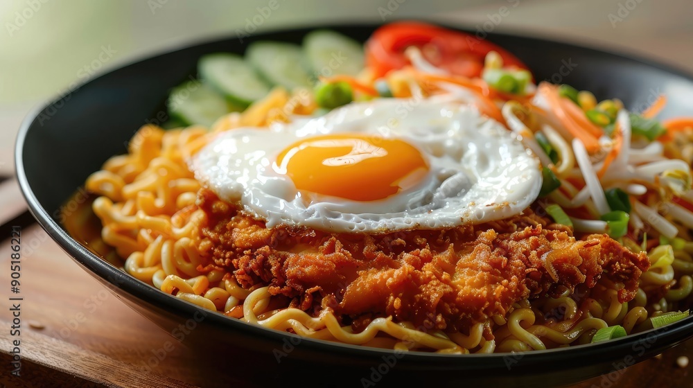Malaysian Street Food Mamak Maggi Goreng Fried Instant Noodles With Chicken Cutlet And Fried Egg Malaysian Street Food Mamak Maggi Goreng Fried Instant Noodles With Chicken Cutlet And Fried Egg