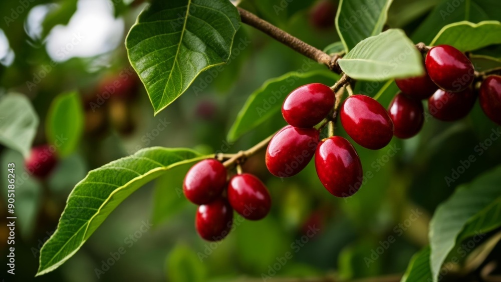 Vibrant red berries hanging from a tree branch Vibrant red berries hanging from a tree branch