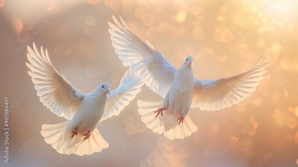 Obraz premium White doves soaring in the sky, symbolizing peace.