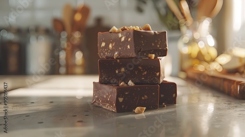 Homemade chocolate hazelnut fudge square pieces stacked on the kitchen counter photo