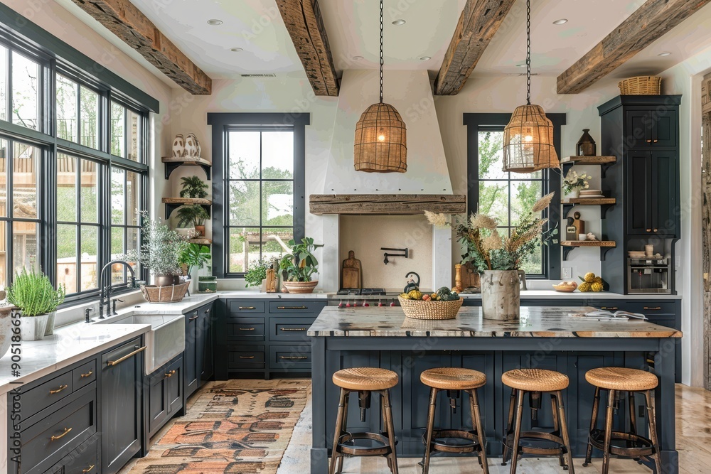 Charming Farmhouse Kitchen with Dark Blue Cabinets Charming Farmhouse Kitchen with Dark Blue Cabinets