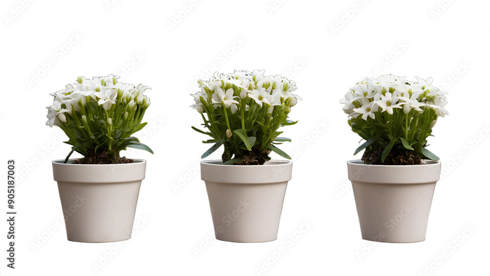 White flowers in pots isolated on transparent background
White flowers in pots isolated on transparent background