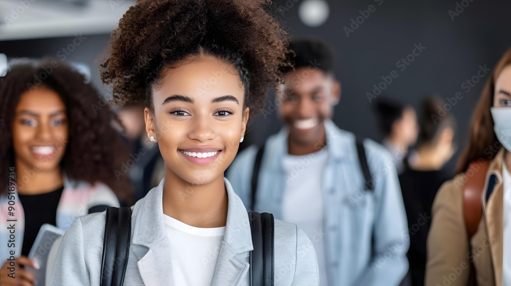 Smiling African American Woman with Friends in Background Smiling African American Woman with Friends in Background