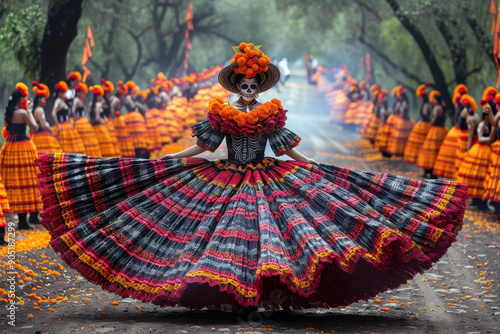 Woman in traditional Dia de Muertos dress with marigold decorations