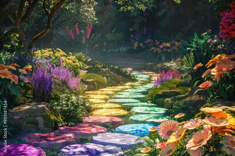 Rainbow Stepping Stones in a Lush, Magical Garden Rainbow Stepping Stones in a Lush, Magical Garden