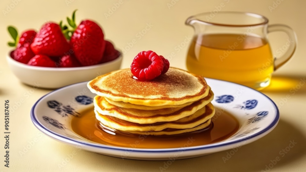 Deliciously stacked pancakes with fresh berries and syrup ready to be enjoyed Deliciously stacked pancakes with fresh berries and syrup ready to be enjoyed