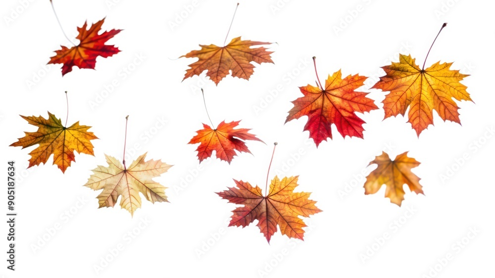 Fototapeta premium Nine Vibrant Autumn Maple Leaves Falling Against a White Background