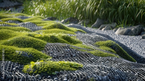 gravel mesh to strengthen the soil and gravel on the slope green grass grown through plastic mesh cells on the slope near the river bank photo