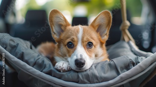 Pembroke Welsh Corgi puppy sits strapped into a car hammock in the back seat of a car Happy little dog Auto travel with a dog photo