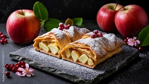  Deliciously baked pastry with apple slices and powdered sugar ready to be savored