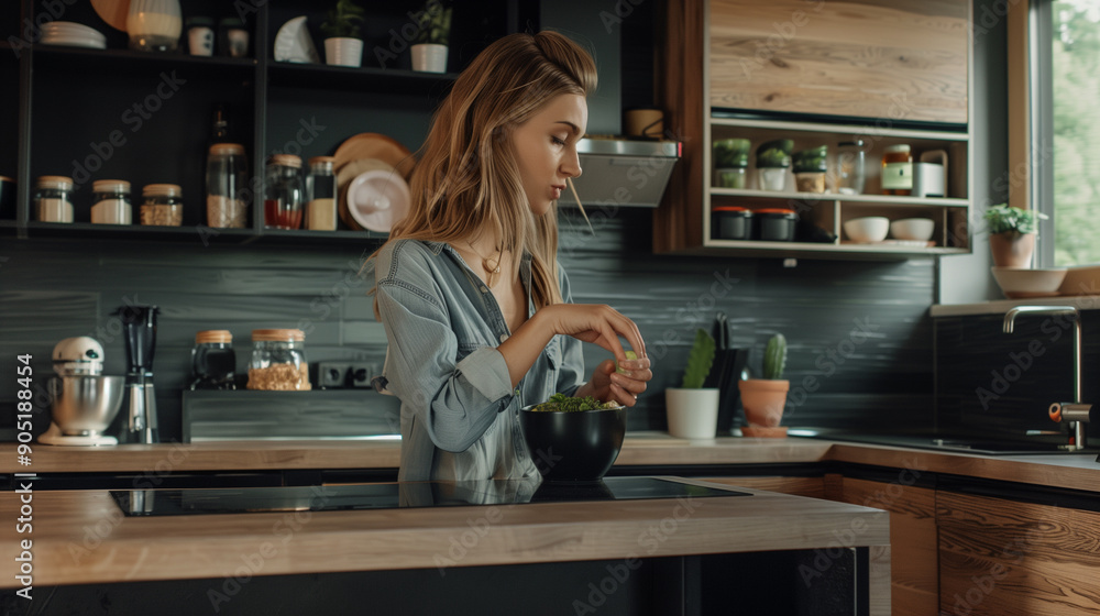 Beautiful young woman eating a smoothie bowl in a modern kitchen Beautiful young woman eating a smoothie bowl in a modern kitchen