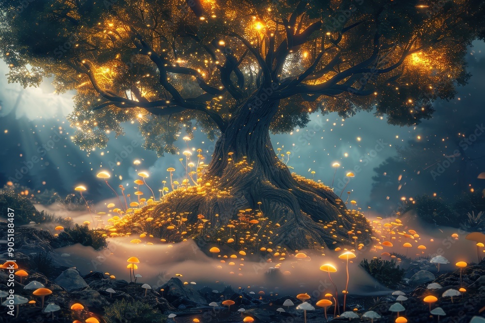 Glowing Tree and Luminous Mushrooms in a Mystical Forest Glowing Tree and Luminous Mushrooms in a Mystical Forest