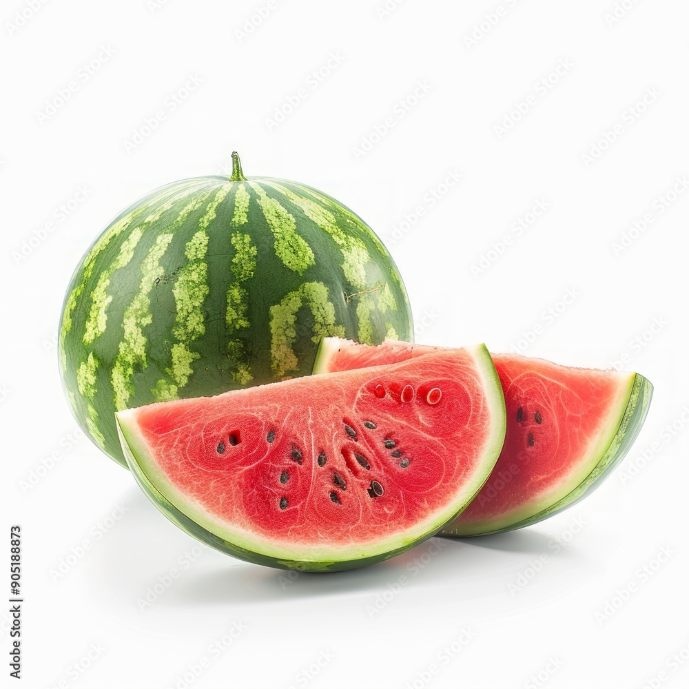 Medium shot of whole watermelon near the sliced piece of watermelon, isolated on a white background Medium shot of whole watermelon near the sliced piece of watermelon, isolated on a white background