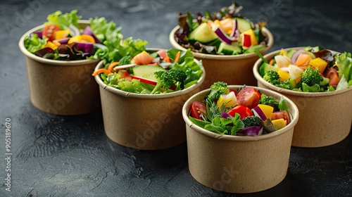 Round paper boxes with pre packaged vegetable salads ready for sale Eco friendly packaging photo